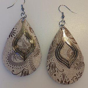 Teardrop earrings leather paisley and metallic accent